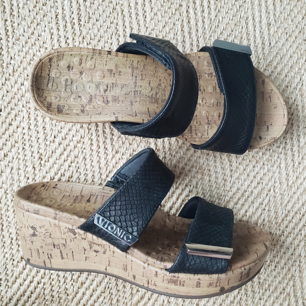 Vionic Black Cork Wedge Sandals